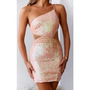 Hello Molly 4 Crystal Ball Sequin Mini Sheath Dress Peach Cut Out One Shoulder
